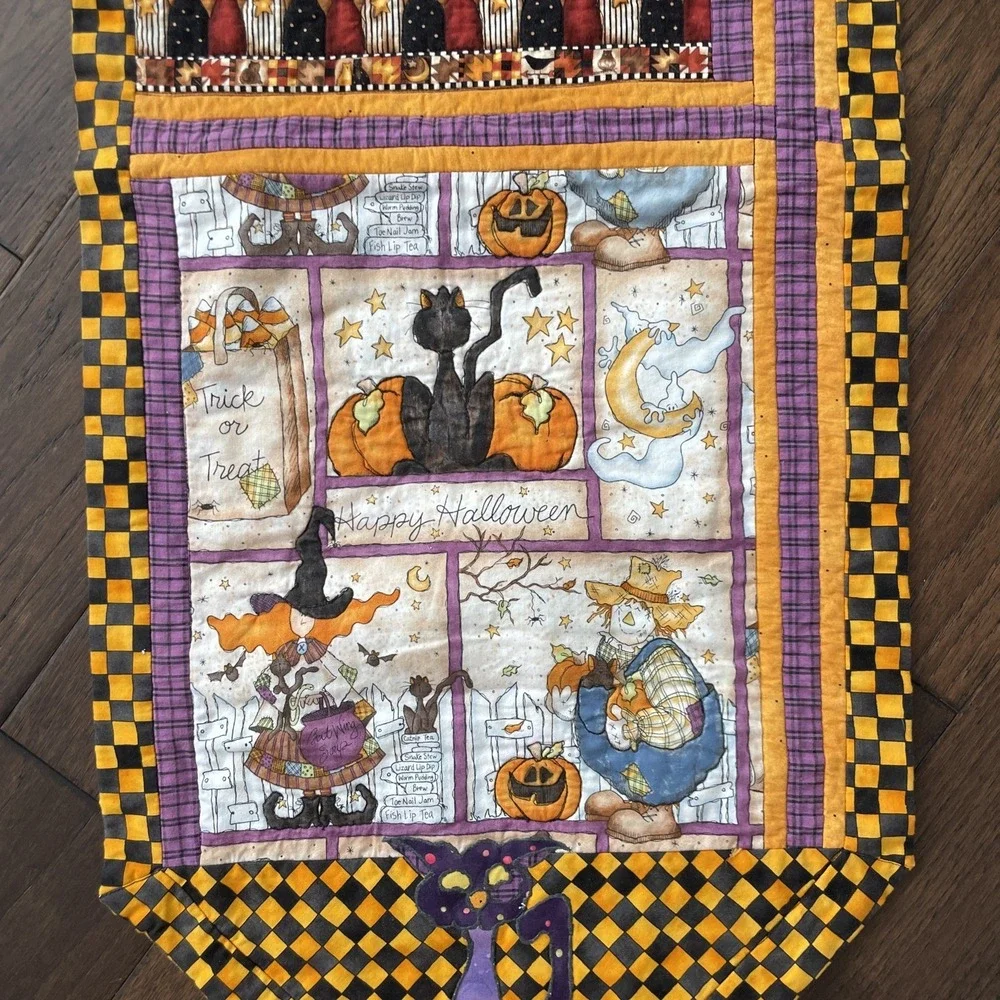 Vtg Halloween Table Runner Quilted Cats Pumpkin 43